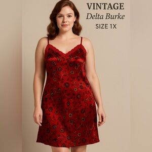Vintage 1990s Delta Burke Red Floral Satin Chemise Slip – 1X